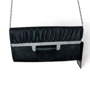 NEW MMS Black Faux Leather Rhinestone Accent Clutch Purse Silver Chain Strap